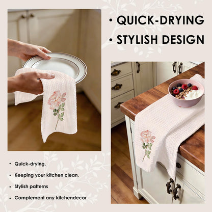 Pink Rose Floral Kitchen Towels 16x24 Inches, Blush Pink and White Striped Flower Botanical Decorative Hand Tea Dish Towels for Girls Bathroom Kitchen