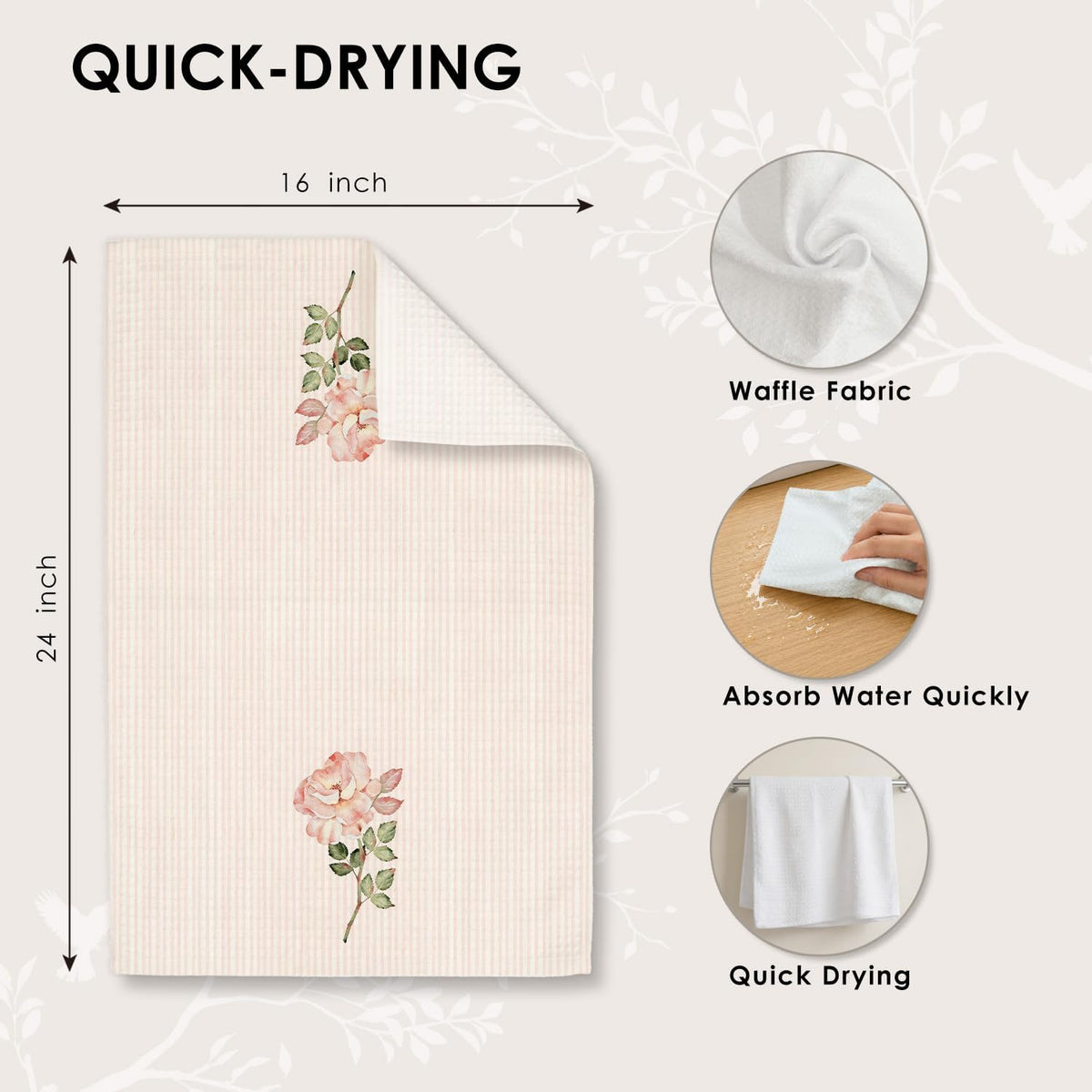 Pink Rose Floral Kitchen Towels 16x24 Inches, Blush Pink and White Striped Flower Botanical Decorative Hand Tea Dish Towels for Girls Bathroom Kitchen