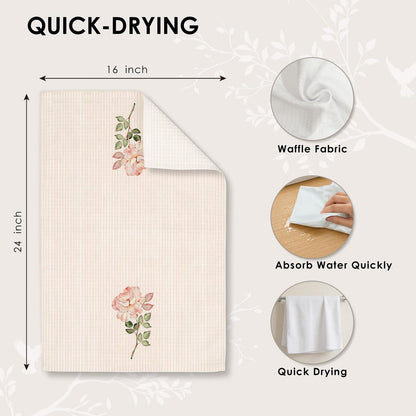 Pink Rose Floral Kitchen Towels 16x24 Inches, Blush Pink and White Striped Flower Botanical Decorative Hand Tea Dish Towels for Girls Bathroom Kitchen