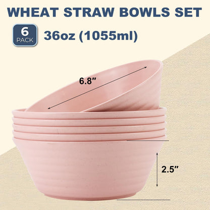 Wheat Straw Bowls Set 36oz,6PCS Unbreakable Cereal Bowl for Kids,Pink