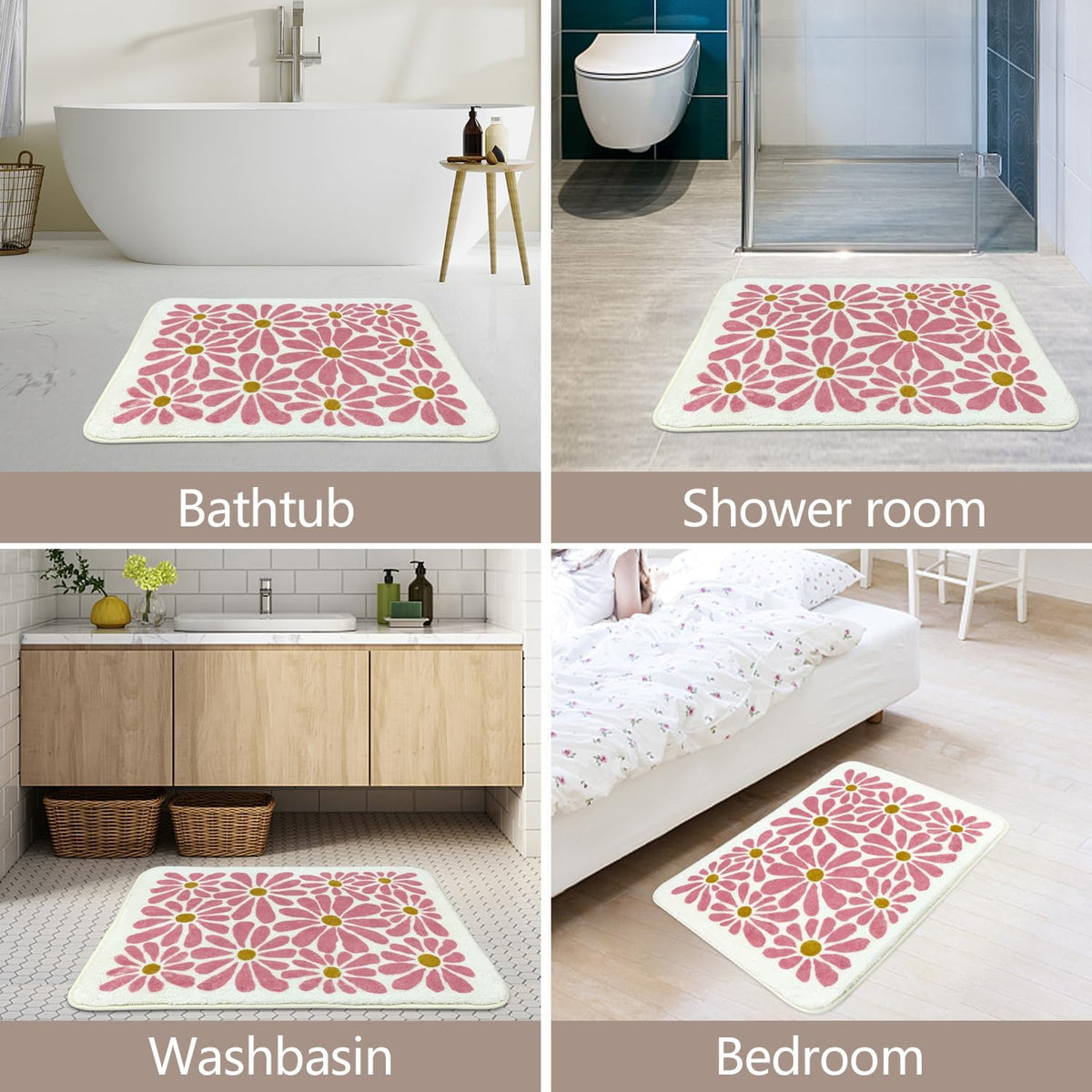 SHIYUE Pink Bathroom Rugs Bath Mat, Microfiber Fluffy Soft Floor Mats for Bathroom, Non-Slip and Waterproof Back Soft Bathmat, for Indoor Shower Bathtub Decoration (18x26in Cute Floral)