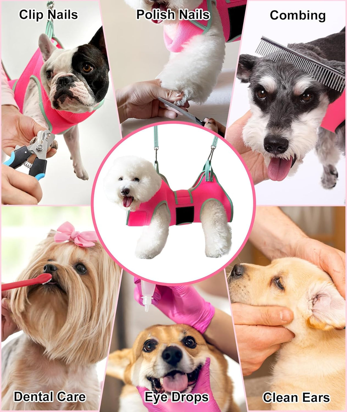 Dog Grooming Hammock,XS Pink Hanging Harness Holder for Nail Clipping/Trimming,Grooming Sling Hanger with Thick Fabric Neck Support,Strap Restraint for Claw Care