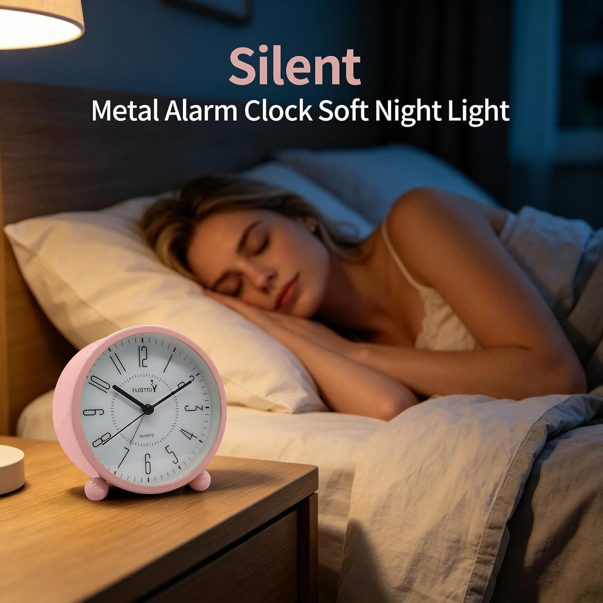 Super Silent Metal Alarm Clock,Beep Wake Round Alarm Clock with Night Light,Battery Operated,Easy Set,Simple & Retro for Desk, Bedroom and Home Decoration(Pink)