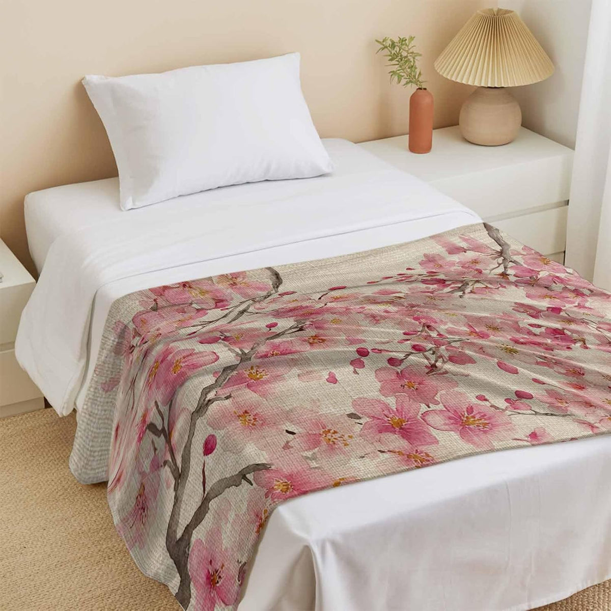 Cooling Blanket for Hot Sleepers, Peaches Branches Lightweight Breathable Summer Blanket, Farmhouse Spring Botanical Pink Flowers Double-Side Cool Throw Blankets for Sleeping Travel, 40"x60"