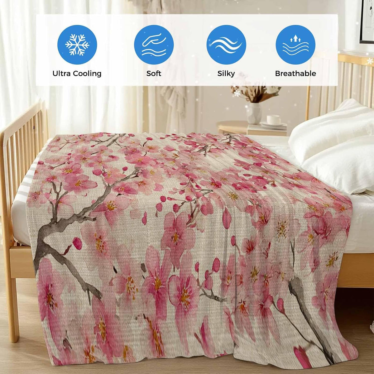 Cooling Blanket for Hot Sleepers, Peaches Branches Lightweight Breathable Summer Blanket, Farmhouse Spring Botanical Pink Flowers Double-Side Cool Throw Blankets for Sleeping Travel, 40"x60"