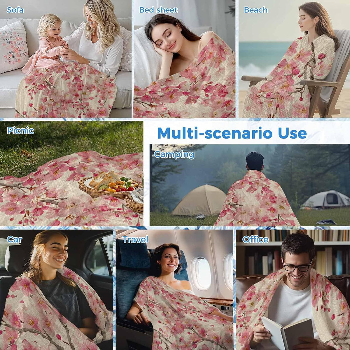 Cooling Blanket for Hot Sleepers, Peaches Branches Lightweight Breathable Summer Blanket, Farmhouse Spring Botanical Pink Flowers Double-Side Cool Throw Blankets for Sleeping Travel, 40"x60"