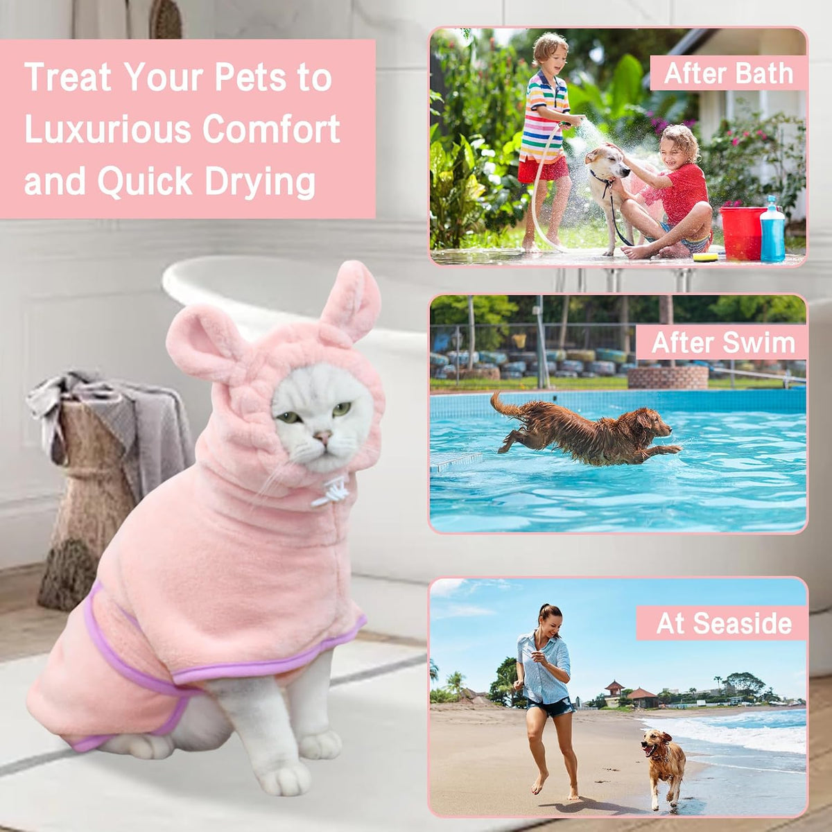 Pet Bathrobe for Dog Cat Absorbently Quick Drying Coat Cute Dogs Bath Towel Hooded Robe Adjustable Collar & Belly Strap for Pool Beach (Pink, Medium)