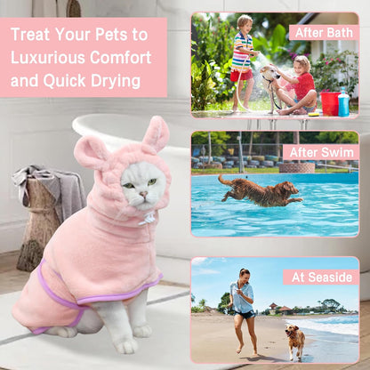 Pet Bathrobe for Dog Cat Absorbently Quick Drying Coat Cute Dogs Bath Towel Hooded Robe Adjustable Collar & Belly Strap for Pool Beach (Pink, Medium)