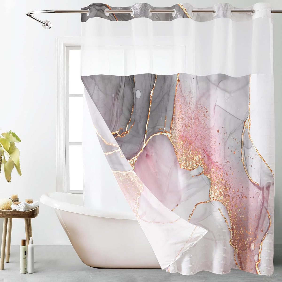 No Hook Shower Curtain with Snap in Liner Pink Marble Shower Curtain for Bathroom Abstract Pink and Grey Marble Textured Bathroom Curtains Shower Set, 72x74 inches Shower Curtain and Liner Set