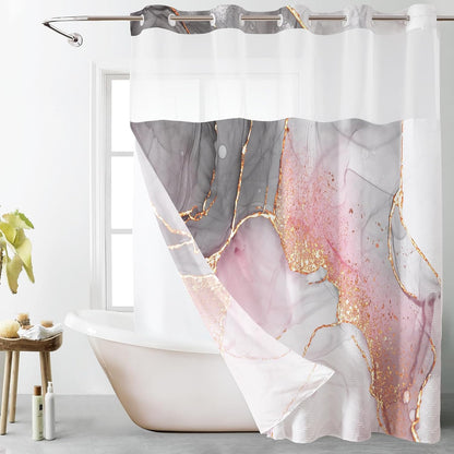 No Hook Shower Curtain with Snap in Liner Pink Marble Shower Curtain for Bathroom Abstract Pink and Grey Marble Textured Bathroom Curtains Shower Set, 72x74 inches Shower Curtain and Liner Set