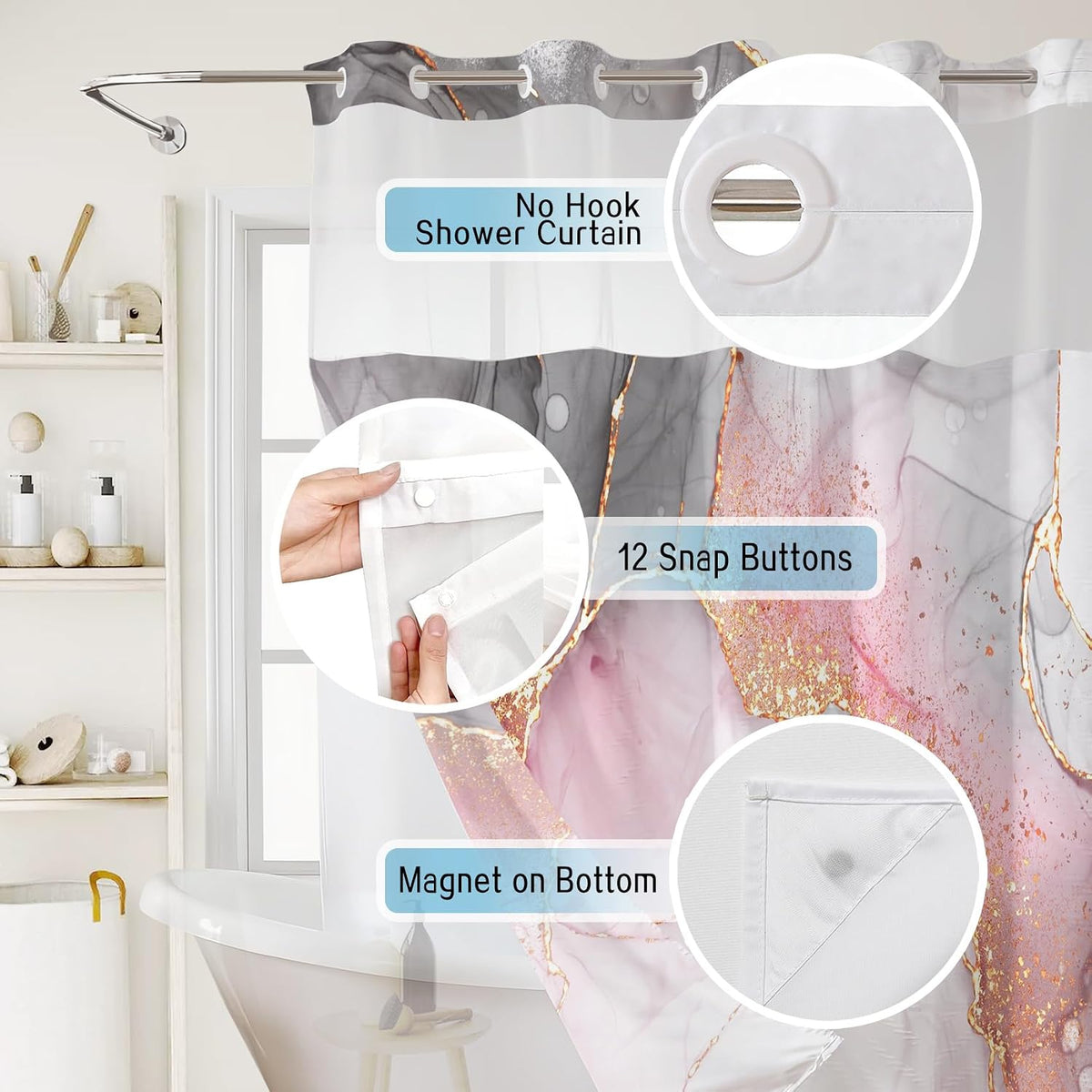 No Hook Shower Curtain with Snap in Liner Pink Marble Shower Curtain for Bathroom Abstract Pink and Grey Marble Textured Bathroom Curtains Shower Set, 72x74 inches Shower Curtain and Liner Set