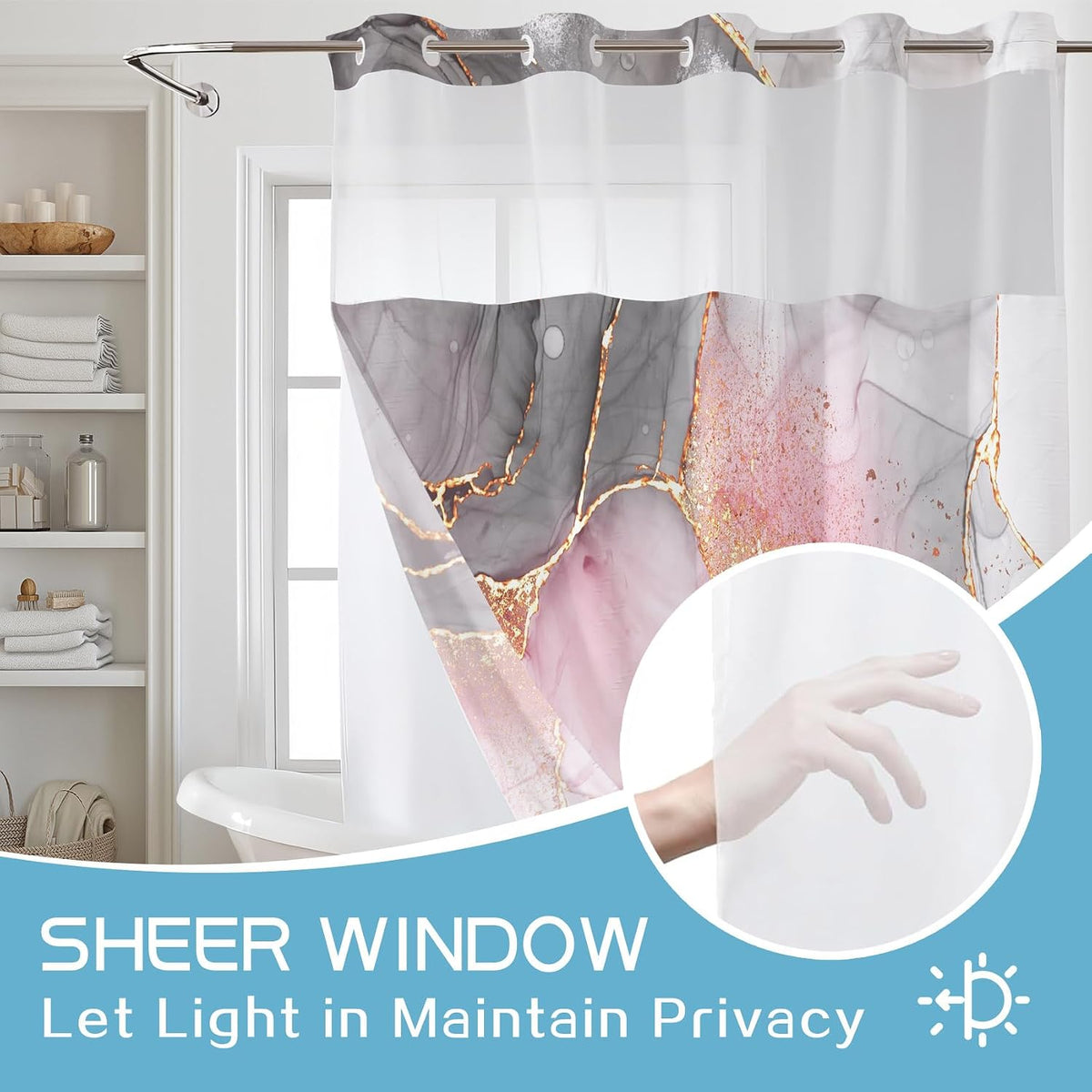 No Hook Shower Curtain with Snap in Liner Pink Marble Shower Curtain for Bathroom Abstract Pink and Grey Marble Textured Bathroom Curtains Shower Set, 72x74 inches Shower Curtain and Liner Set