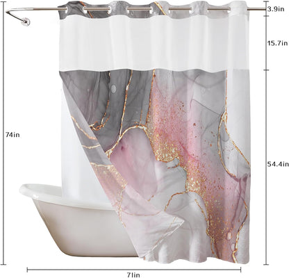 No Hook Shower Curtain with Snap in Liner Pink Marble Shower Curtain for Bathroom Abstract Pink and Grey Marble Textured Bathroom Curtains Shower Set, 72x74 inches Shower Curtain and Liner Set