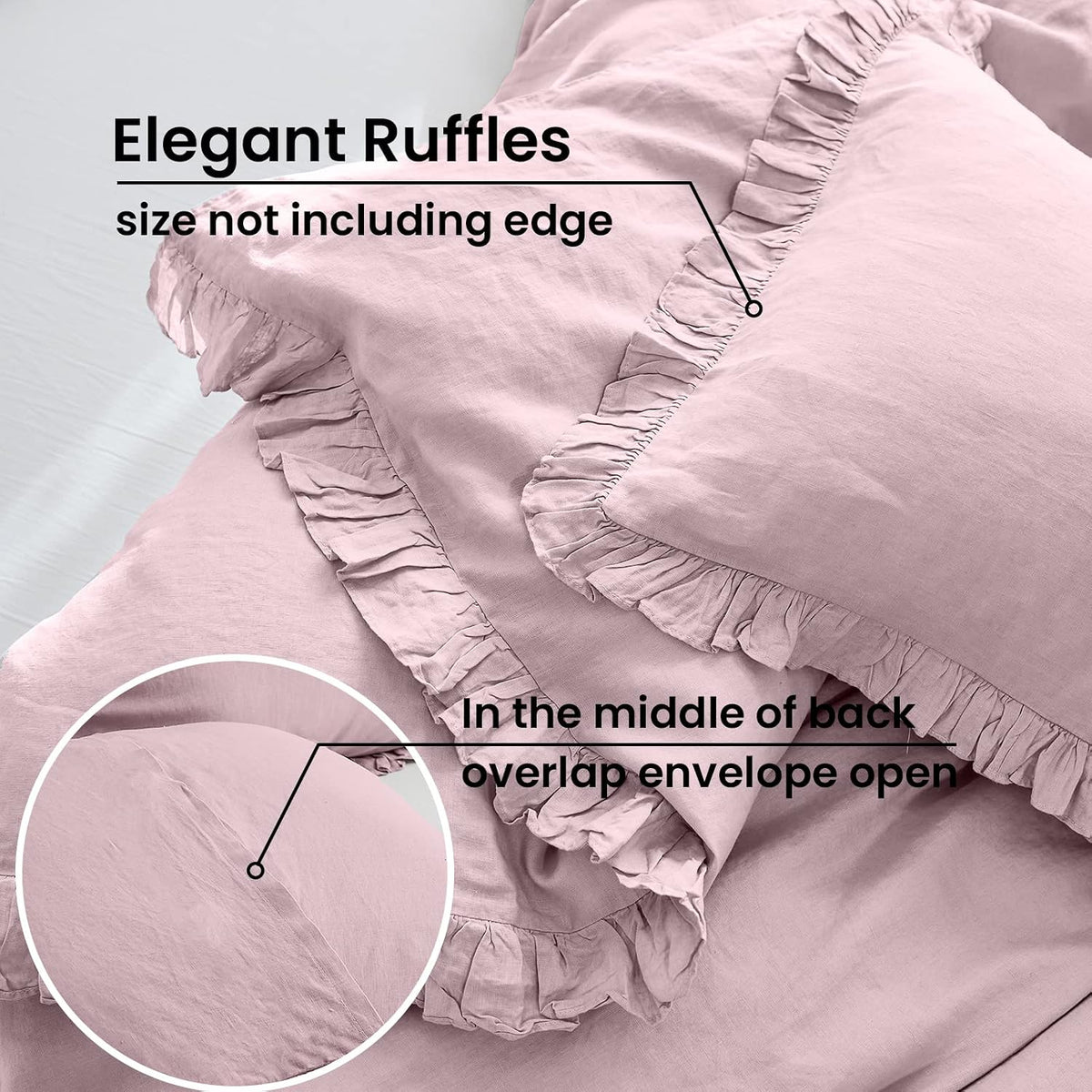 100% French Linen Euro Shams with Ruffles - Set of 2 - Washed Solid Color Natural Flax Soft Breathable Pillow Covers - Pink, 26'' x 26''