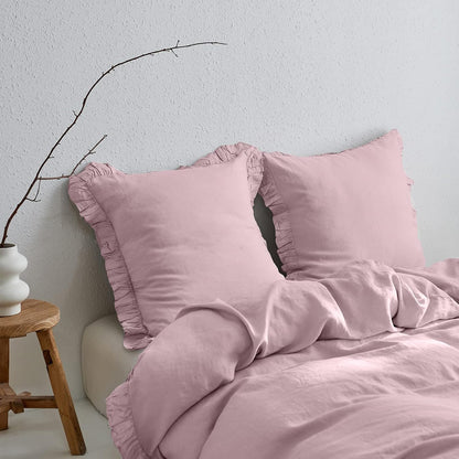 100% French Linen Euro Shams with Ruffles - Set of 2 - Washed Solid Color Natural Flax Soft Breathable Pillow Covers - Pink, 26'' x 26''