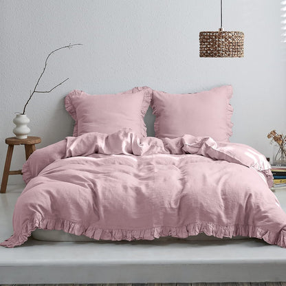 100% French Linen Euro Shams with Ruffles - Set of 2 - Washed Solid Color Natural Flax Soft Breathable Pillow Covers - Pink, 26'' x 26''