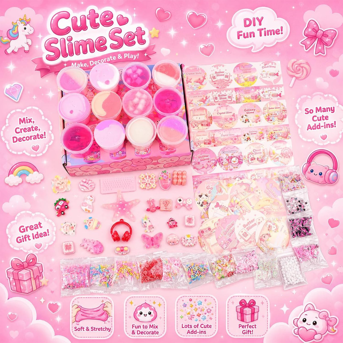 12 Pack Pink Slime, Butter Cloud Slime Kit for Kids, Soft Squishy Sensory