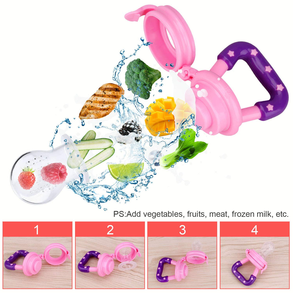 Baby Food Feeder 3 Pack Silicone Fruit Pacifier Teething Reusable Pouches Pacifier Pink (S,M,L)