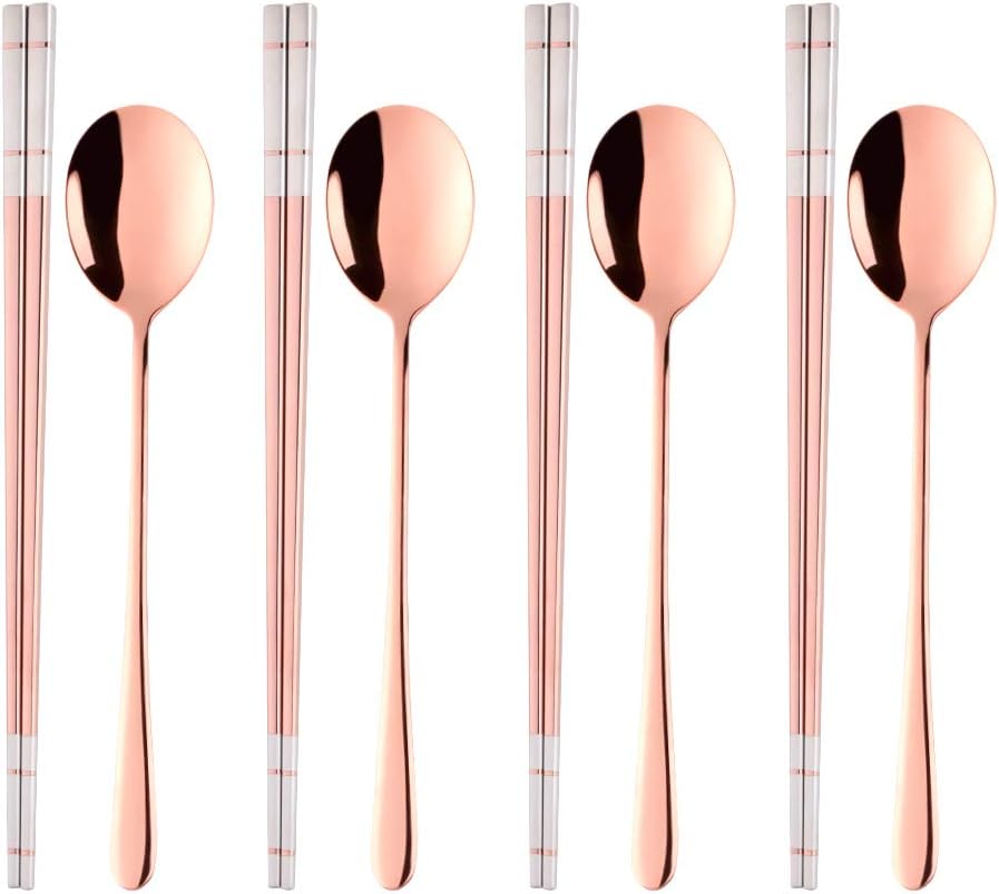 4 Set Rose Gold Square Chopsticks and Spoons Set Metal Stainless Steel Spoons Chopsticks Set