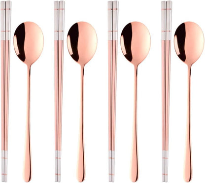 4 Set Rose Gold Square Chopsticks and Spoons Set Metal Stainless Steel Spoons Chopsticks Set