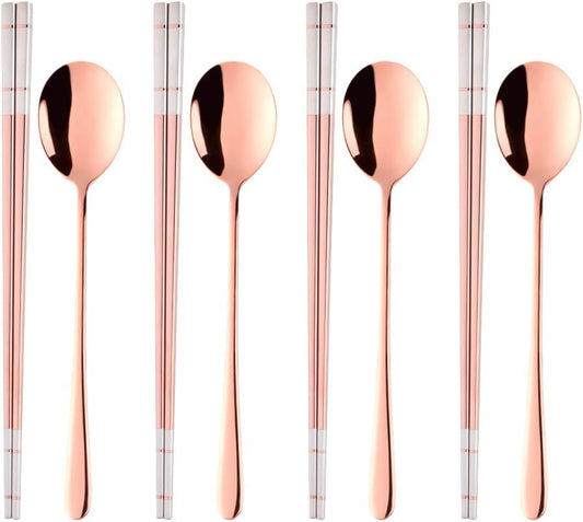4 Set Rose Gold Square Chopsticks and Spoons Set Metal Stainless Steel Spoons Chopsticks Set