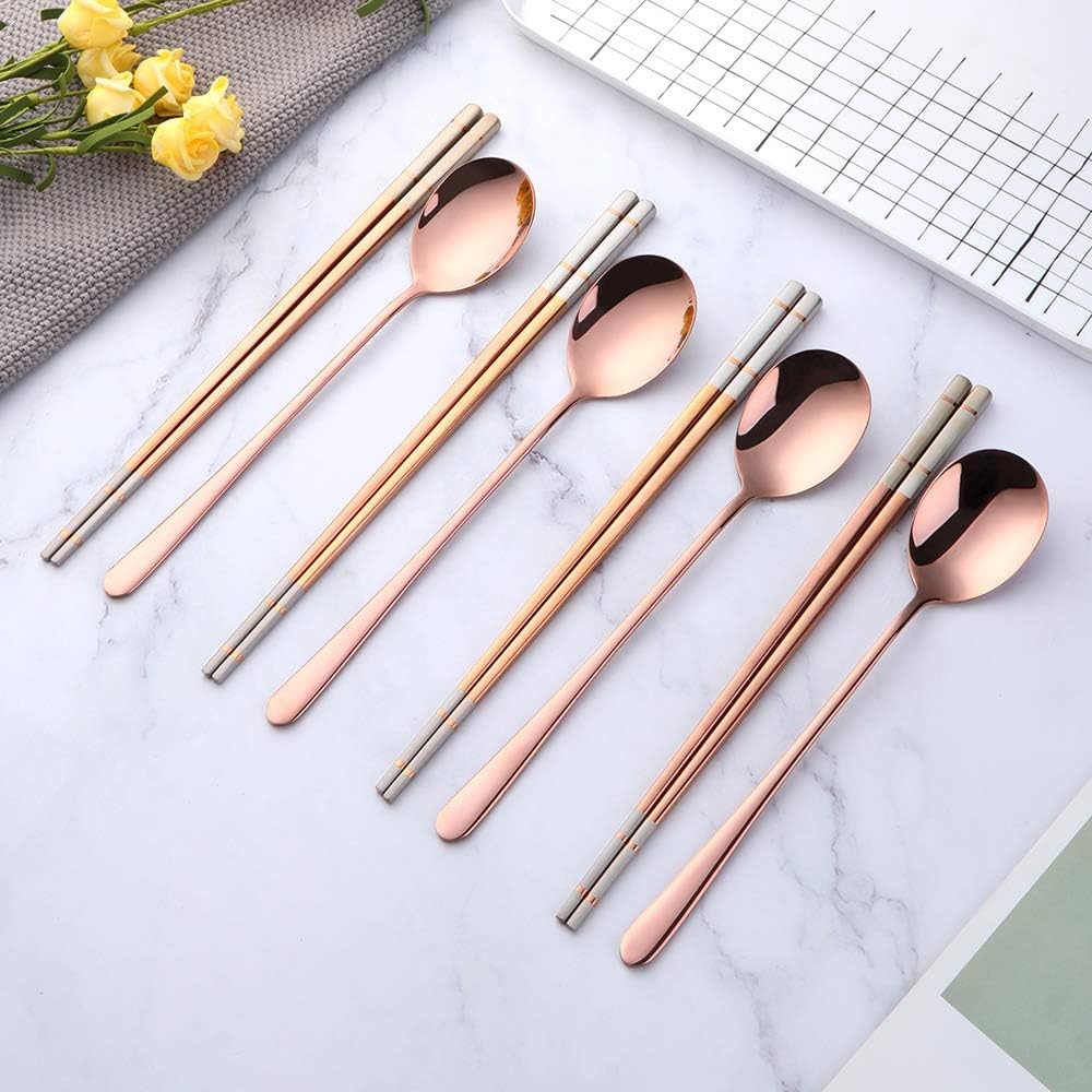 4 Set Rose Gold Square Chopsticks and Spoons Set Metal Stainless Steel Spoons Chopsticks Set