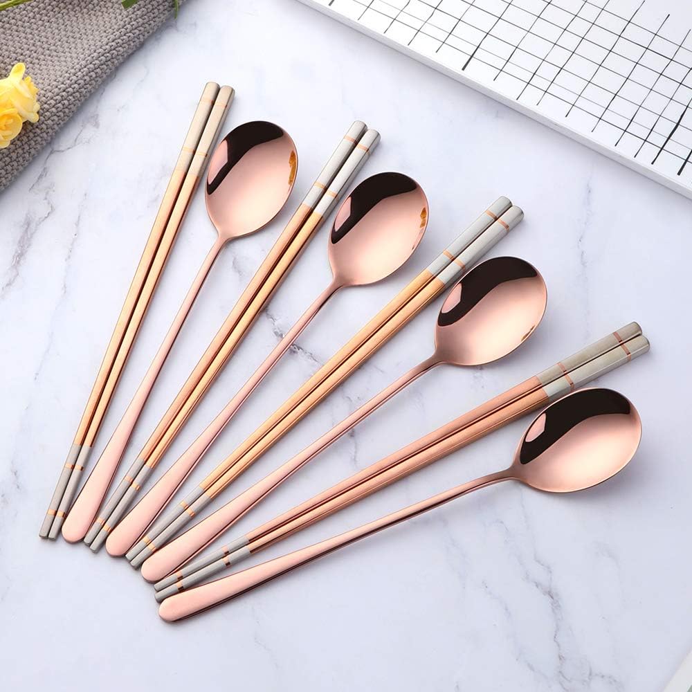 4 Set Rose Gold Square Chopsticks and Spoons Set Metal Stainless Steel Spoons Chopsticks Set