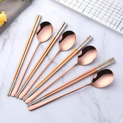 4 Set Rose Gold Square Chopsticks and Spoons Set Metal Stainless Steel Spoons Chopsticks Set