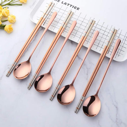 4 Set Rose Gold Square Chopsticks and Spoons Set Metal Stainless Steel Spoons Chopsticks Set