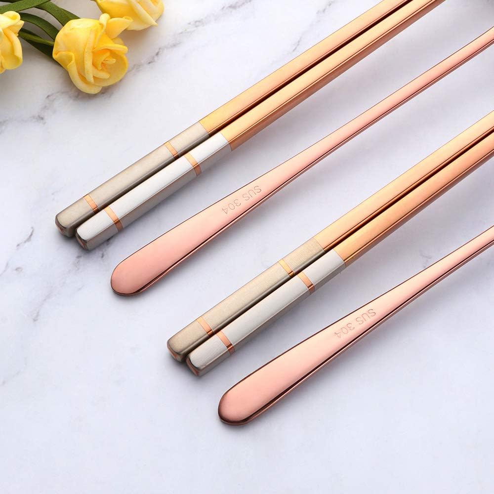 4 Set Rose Gold Square Chopsticks and Spoons Set Metal Stainless Steel Spoons Chopsticks Set