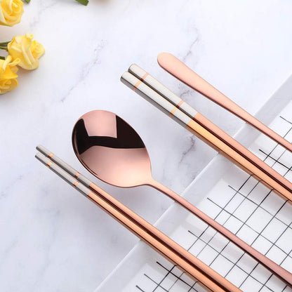 4 Set Rose Gold Square Chopsticks and Spoons Set Metal Stainless Steel Spoons Chopsticks Set