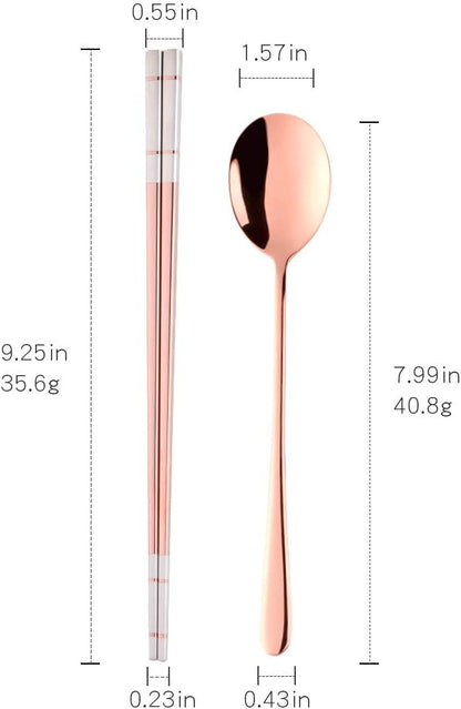 4 Set Rose Gold Square Chopsticks and Spoons Set Metal Stainless Steel Spoons Chopsticks Set