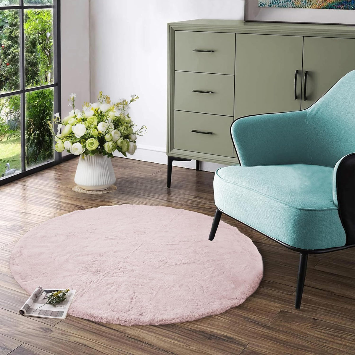 Light Pink Circle Rug 3ft Fuzzy Round Throw Rug Non-Slip Faux Rabbit Fur Carpet for Bedroom, Living Room, Nursery, Playing Room and Dorm