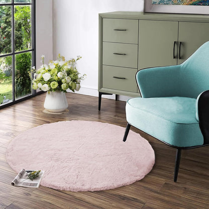 Light Pink Circle Rug 3ft Fuzzy Round Throw Rug Non-Slip Faux Rabbit Fur Carpet for Bedroom, Living Room, Nursery, Playing Room and Dorm
