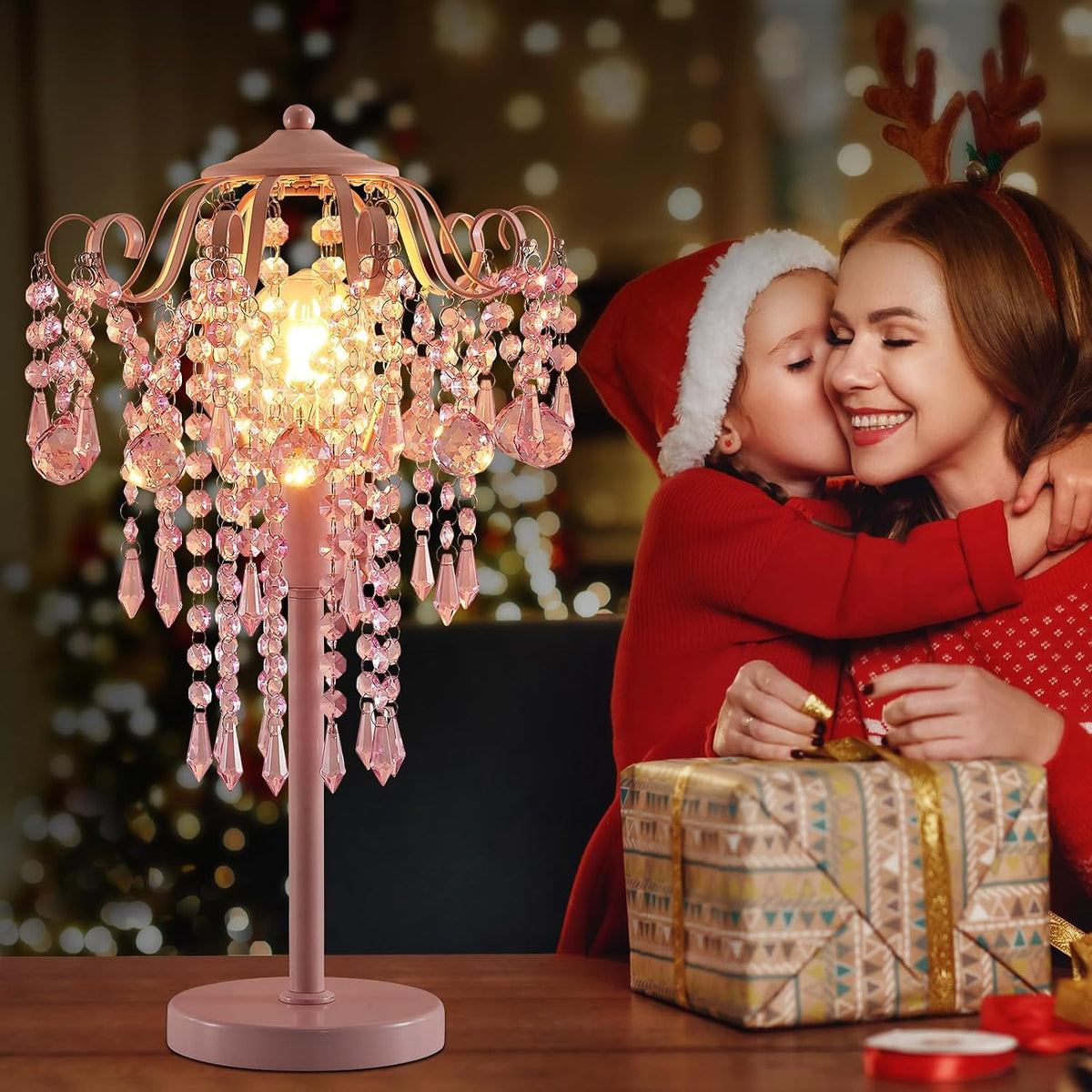 Small Pink Crystal Bedside Table Lamp End Table Lamp Nightstand Lamp for Bedroom Living Room Office H20.4'' W11.81'' 1-Light E26