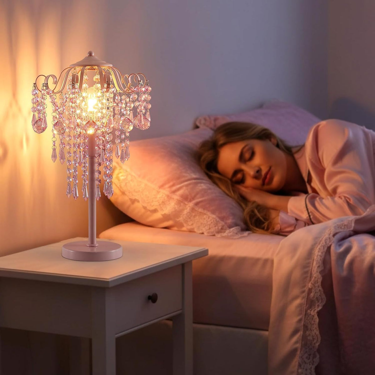 Small Pink Crystal Bedside Table Lamp End Table Lamp Nightstand Lamp for Bedroom Living Room Office H20.4'' W11.81'' 1-Light E26