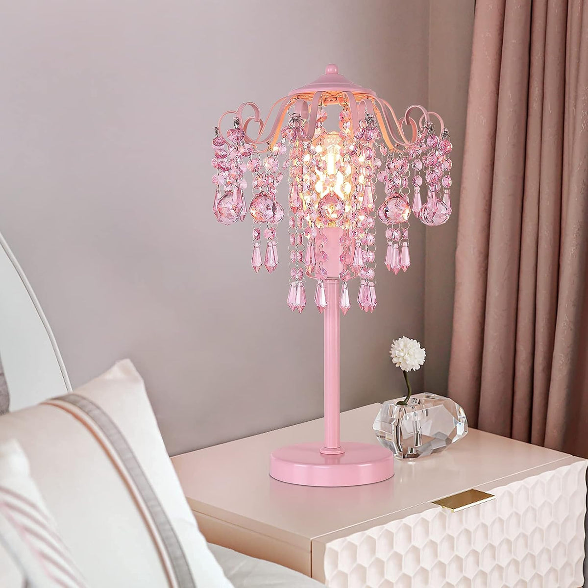 Small Pink Crystal Bedside Table Lamp End Table Lamp Nightstand Lamp for Bedroom Living Room Office H20.4'' W11.81'' 1-Light E26