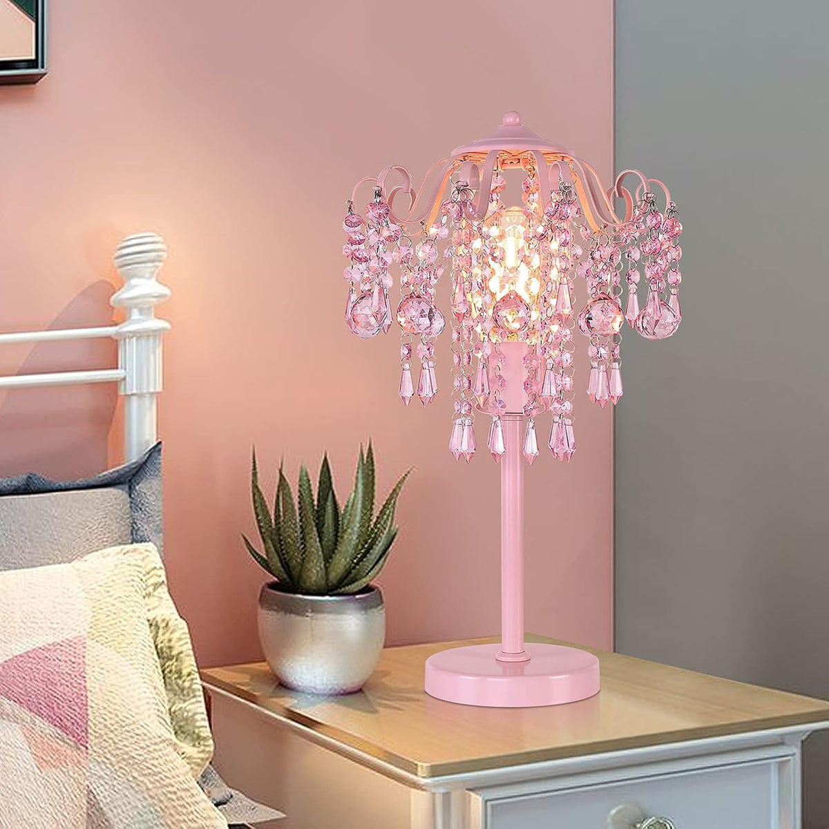 Small Pink Crystal Bedside Table Lamp End Table Lamp Nightstand Lamp for Bedroom Living Room Office H20.4'' W11.81'' 1-Light E26