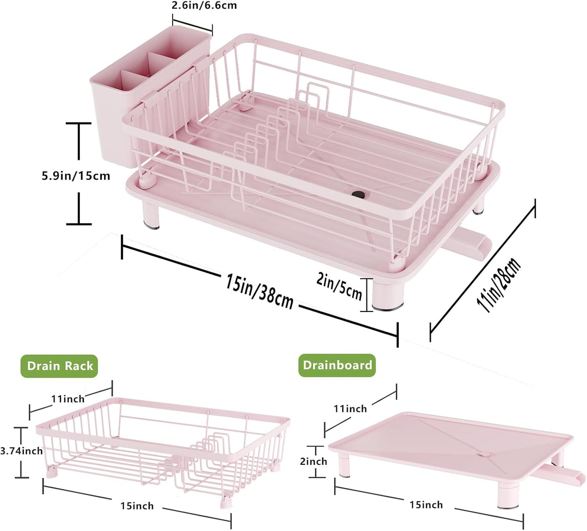 Dish Drainer Rack with Drip Tray, Sink Dish Drainer with Drainage Spout, Stainless Steel Dish Drying Rack with Cups, Utensil & Cutting Board Holders for Kitchen Counter Space-Saving, Pink