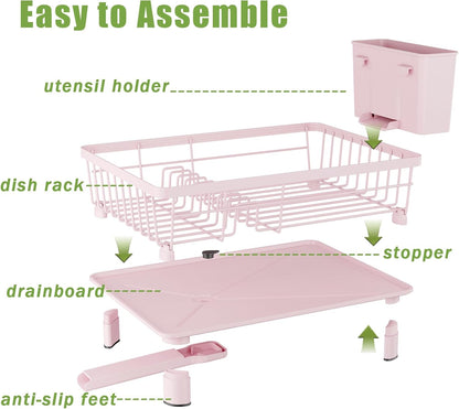 Dish Drainer Rack with Drip Tray, Sink Dish Drainer with Drainage Spout, Stainless Steel Dish Drying Rack with Cups, Utensil & Cutting Board Holders for Kitchen Counter Space-Saving, Pink