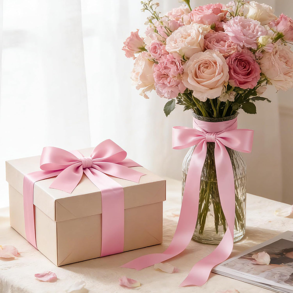 1In Pink Satin Ribbon, 25 Yards Pink Ribbon for Gift Wrapping Mothers Day