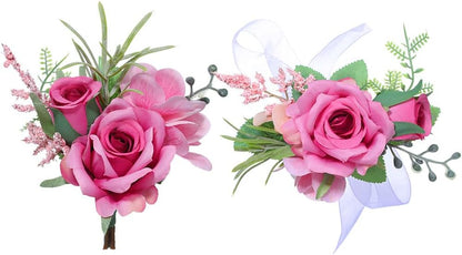Corsage and Boutonniere Set, Deep Pink Wrist Corsages for Women, Set of 2 (1 Wrist Corsage and 1 Boutonniere), Artificial Flowers
