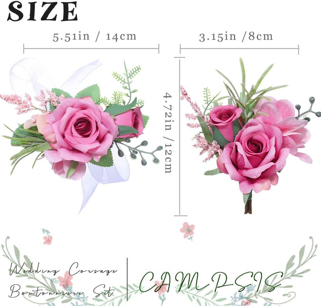 Corsage and Boutonniere Set, Deep Pink Wrist Corsages for Women, Set of 2 (1 Wrist Corsage and 1 Boutonniere), Artificial Flowers