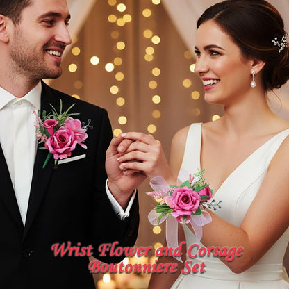 Corsage and Boutonniere Set, Deep Pink Wrist Corsages for Women, Set of 2 (1 Wrist Corsage and 1 Boutonniere), Artificial Flowers