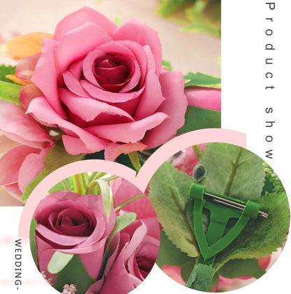 Corsage and Boutonniere Set, Deep Pink Wrist Corsages for Women, Set of 2 (1 Wrist Corsage and 1 Boutonniere), Artificial Flowers