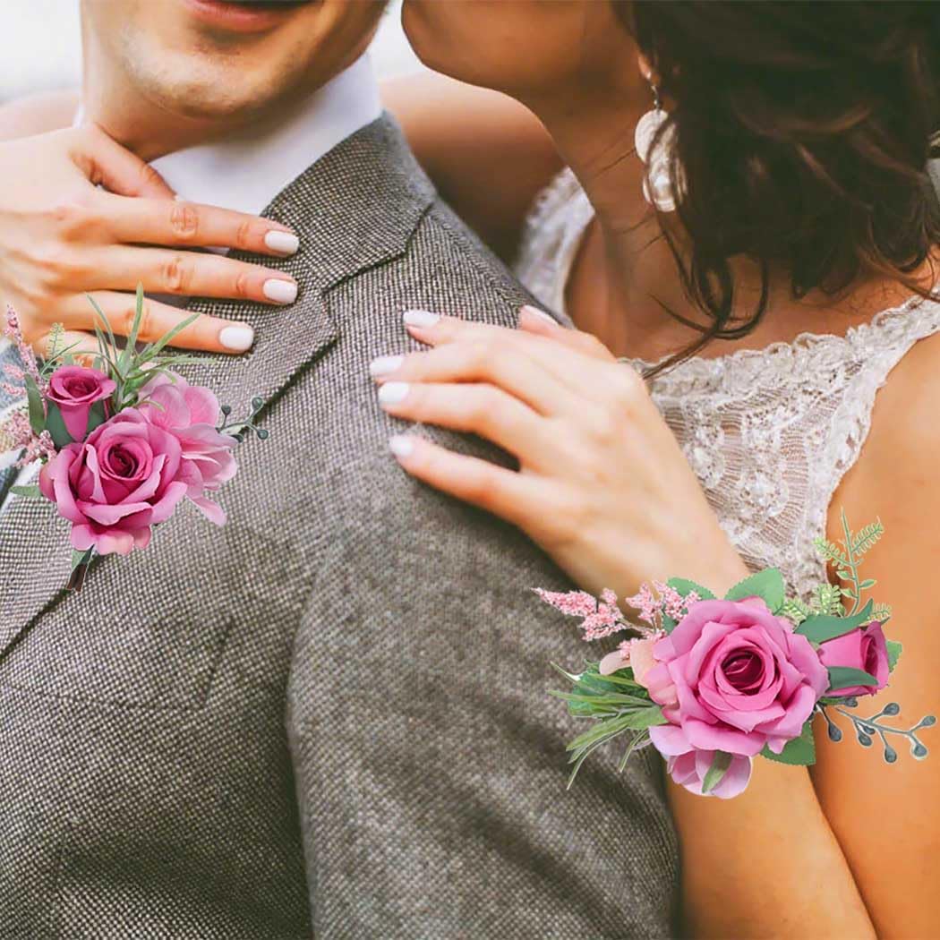 Corsage and Boutonniere Set, Deep Pink Wrist Corsages for Women, Set of 2 (1 Wrist Corsage and 1 Boutonniere), Artificial Flowers