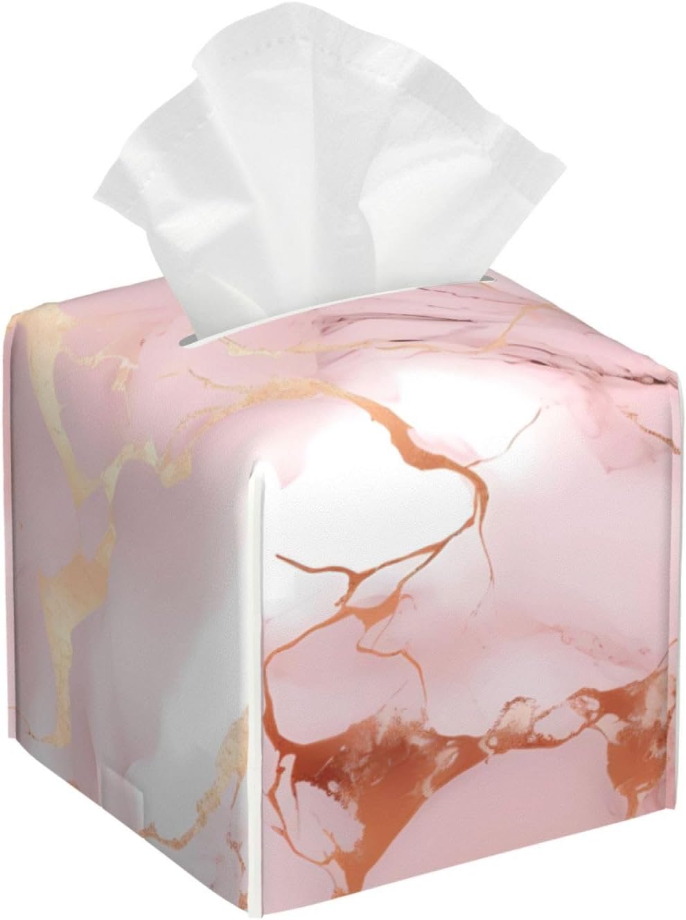 Pink Rose Gold Marble Print Leather Tissue Box Square Tissue Holder with Bottom Belt Convenient Tissue Box Organizer for Tabletop Bathroom Office Decor