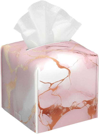 Pink Rose Gold Marble Print Leather Tissue Box Square Tissue Holder with Bottom Belt Convenient Tissue Box Organizer for Tabletop Bathroom Office Decor