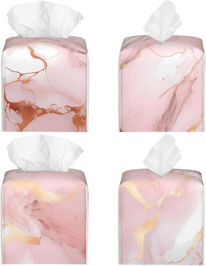 Pink Rose Gold Marble Print Leather Tissue Box Square Tissue Holder with Bottom Belt Convenient Tissue Box Organizer for Tabletop Bathroom Office Decor