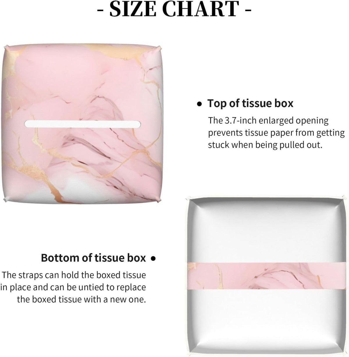 Pink Rose Gold Marble Print Leather Tissue Box Square Tissue Holder with Bottom Belt Convenient Tissue Box Organizer for Tabletop Bathroom Office Decor